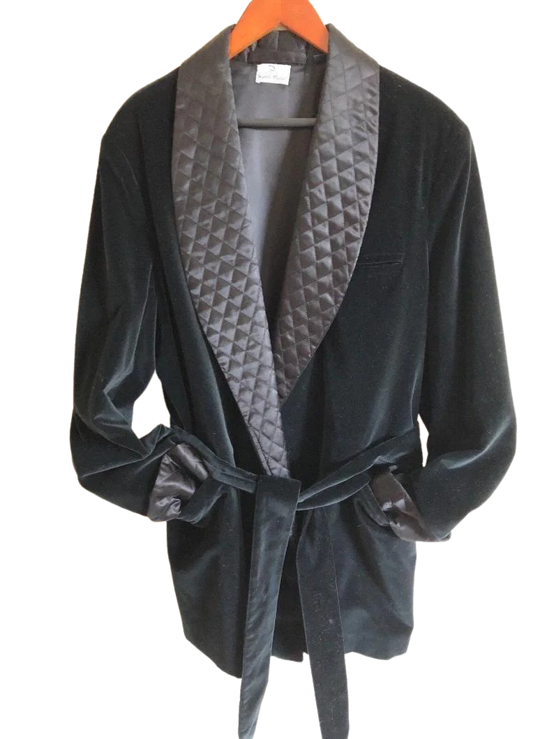Men's Black Velvet Quilted Jacket Elegant Hosting Evening Party Wear Coat Robe
