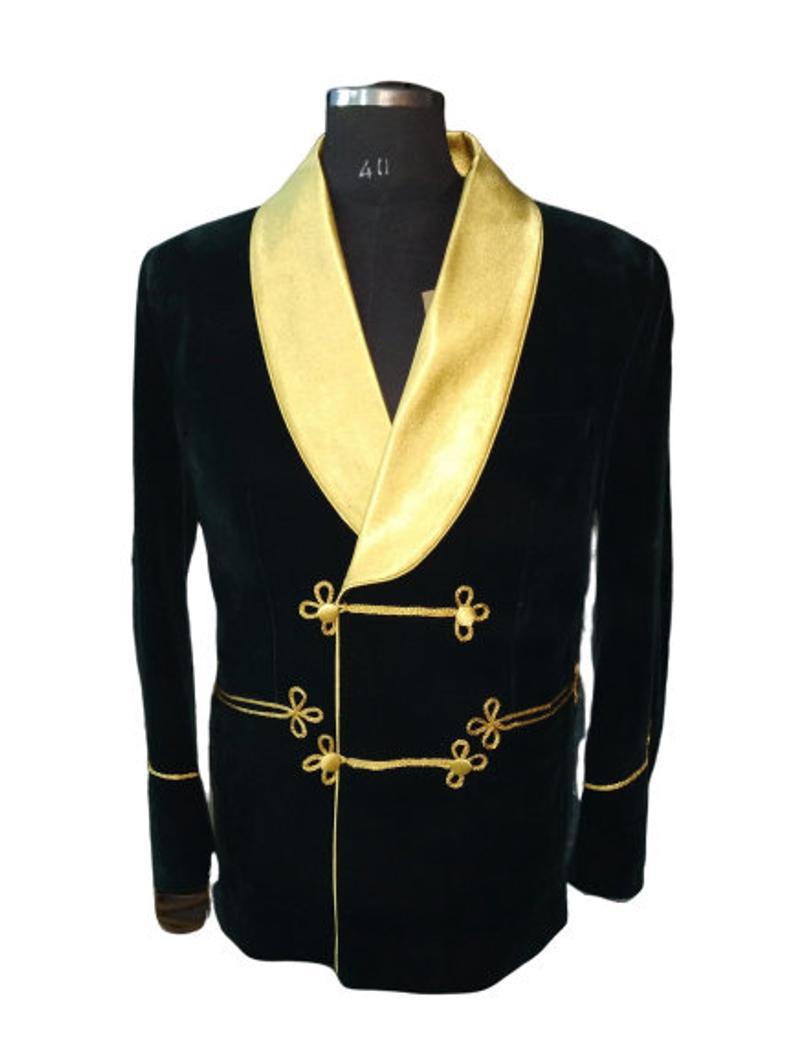 Men's Elegant Green Velvet Jacket with Gold Lapel Hosting Evening Party Wear Coat - smokingjackets