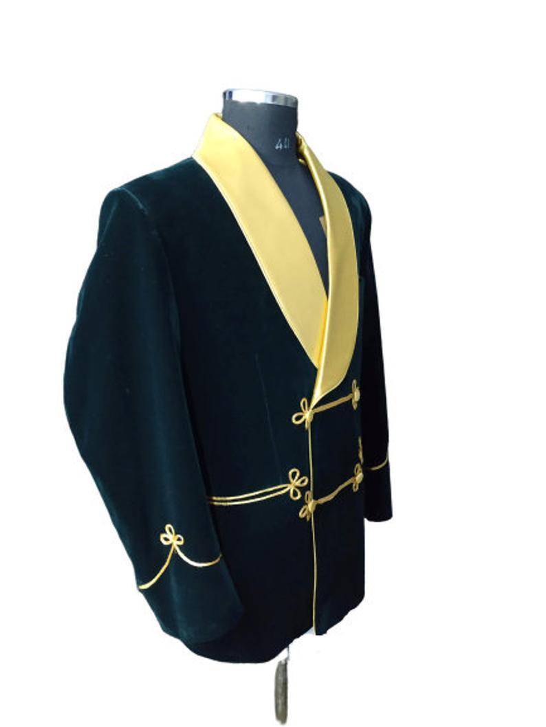 Men's Elegant Green Velvet Jacket with Gold Lapel Hosting Evening Party Wear Coat - smokingjackets