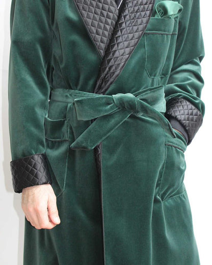 Mens Jacket Green Velvet Quilted Robe De chambre Evening Dinner Coat Robe - smokingjackets