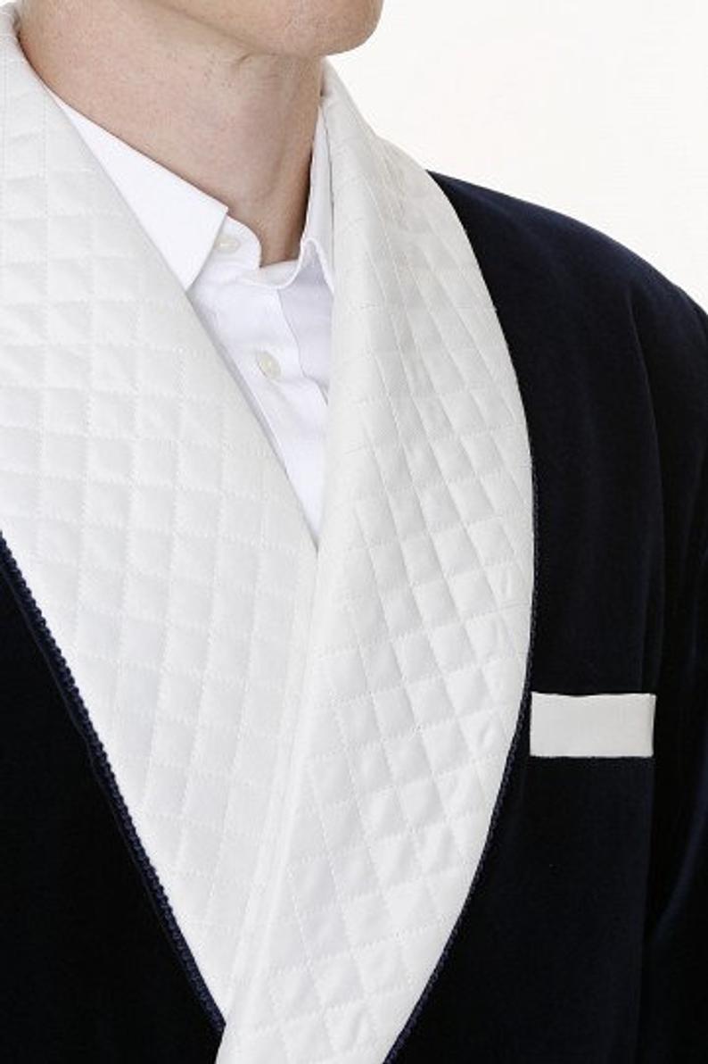 Mens Jackets Navy Velvet Quilted Robe De chambre Evening Dinner Coat Robe - smokingjackets