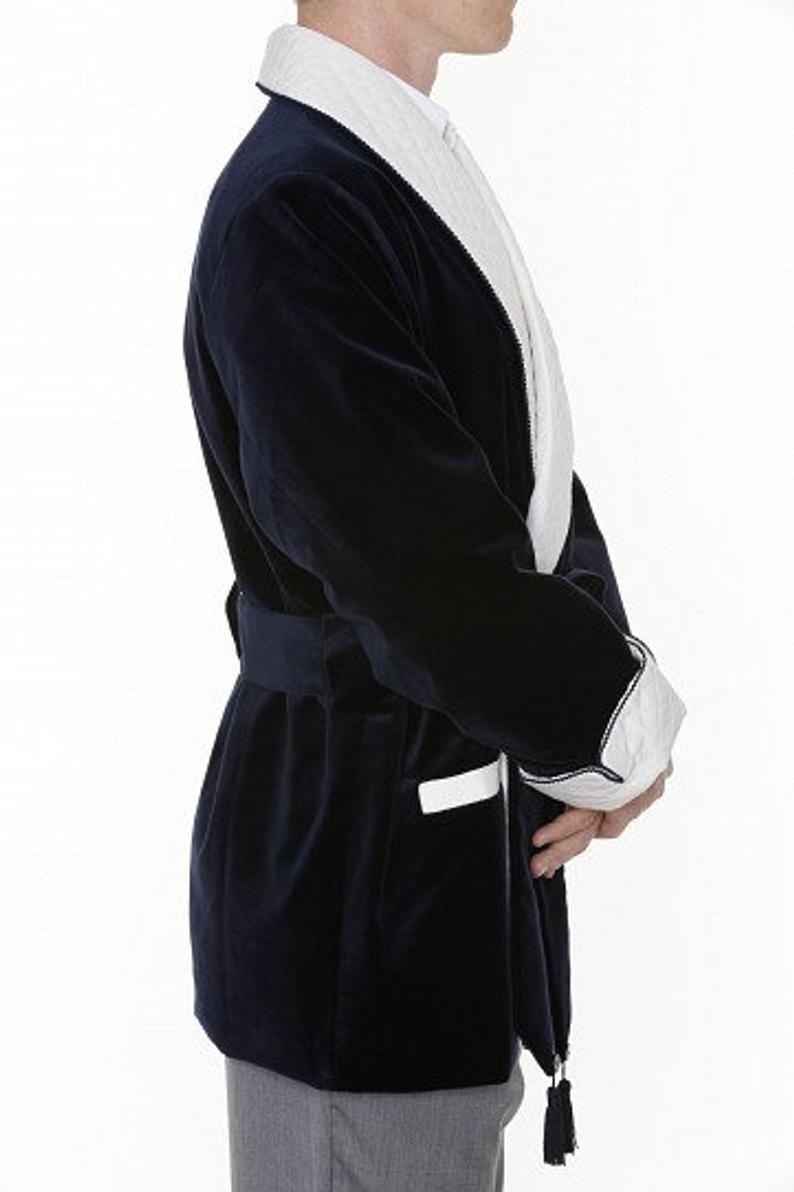 Mens Jackets Navy Velvet Quilted Robe De chambre Evening Dinner Coat Robe - smokingjackets