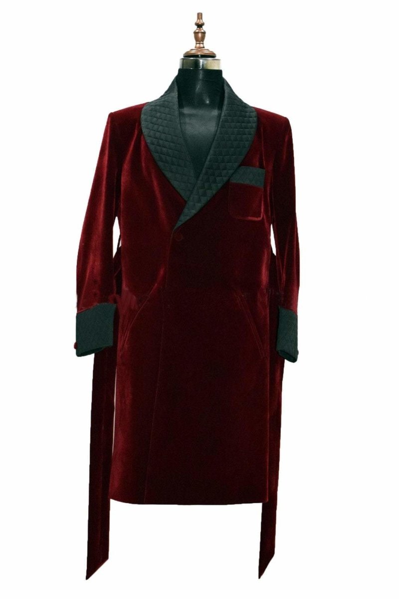 Mens Long Coat Quilted Jackets Long Robes Burgundy velvet Host Wear Coats - smokingjackets