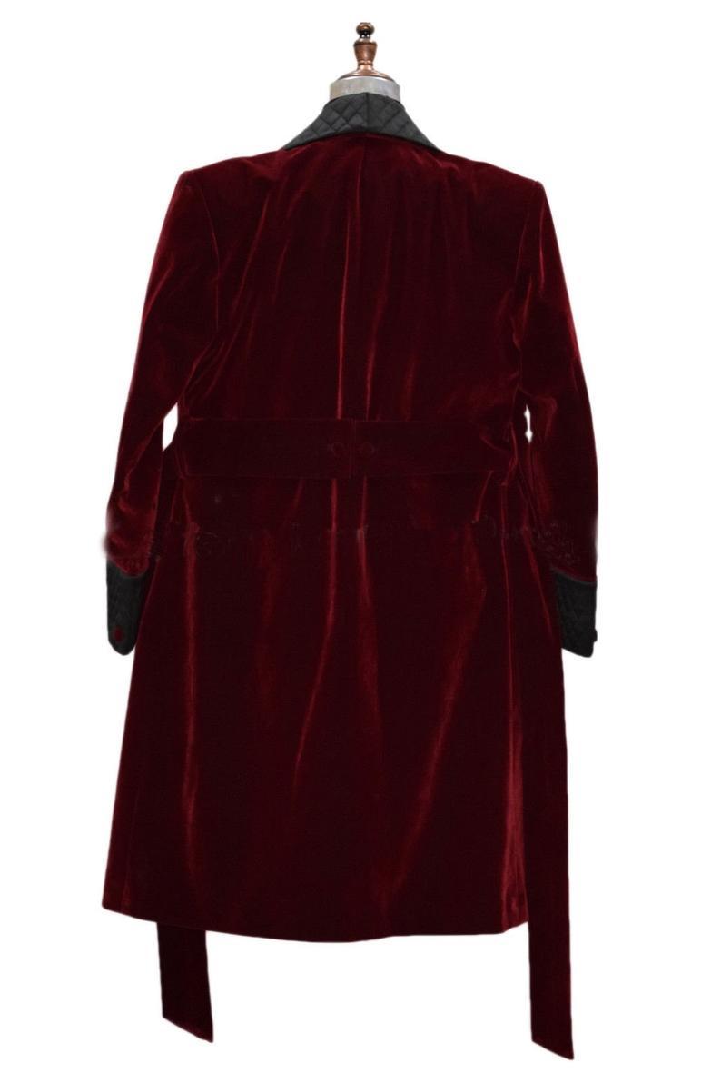 Mens Long Coat Quilted Jackets Long Robes Burgundy velvet Host Wear Coats - smokingjackets