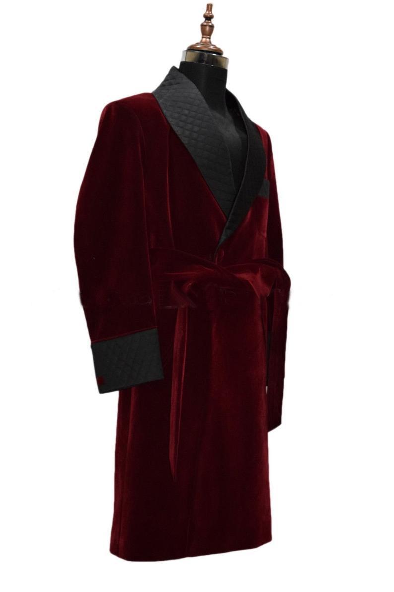 Mens Long Coat Quilted Jackets Long Robes Burgundy velvet Host Wear Coats - smokingjackets