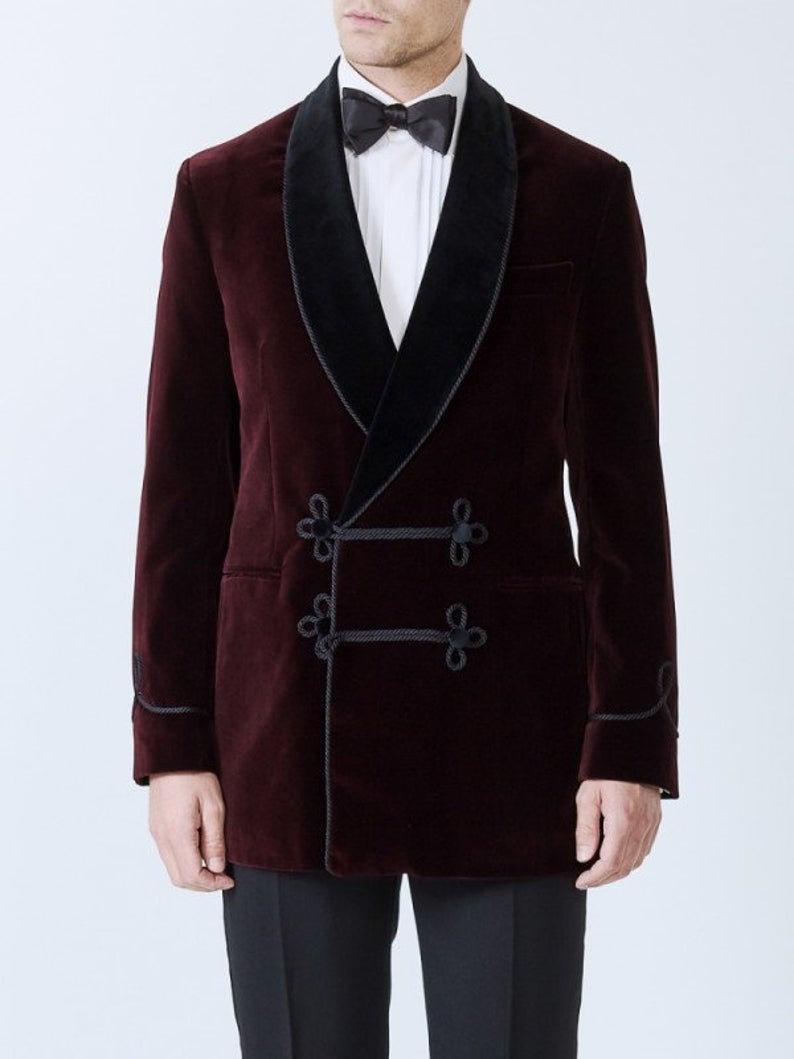 Mens Robes Jacket Burgundy Velvet Blazer Dinner Party Wear Blazer Jacket - smokingjackets