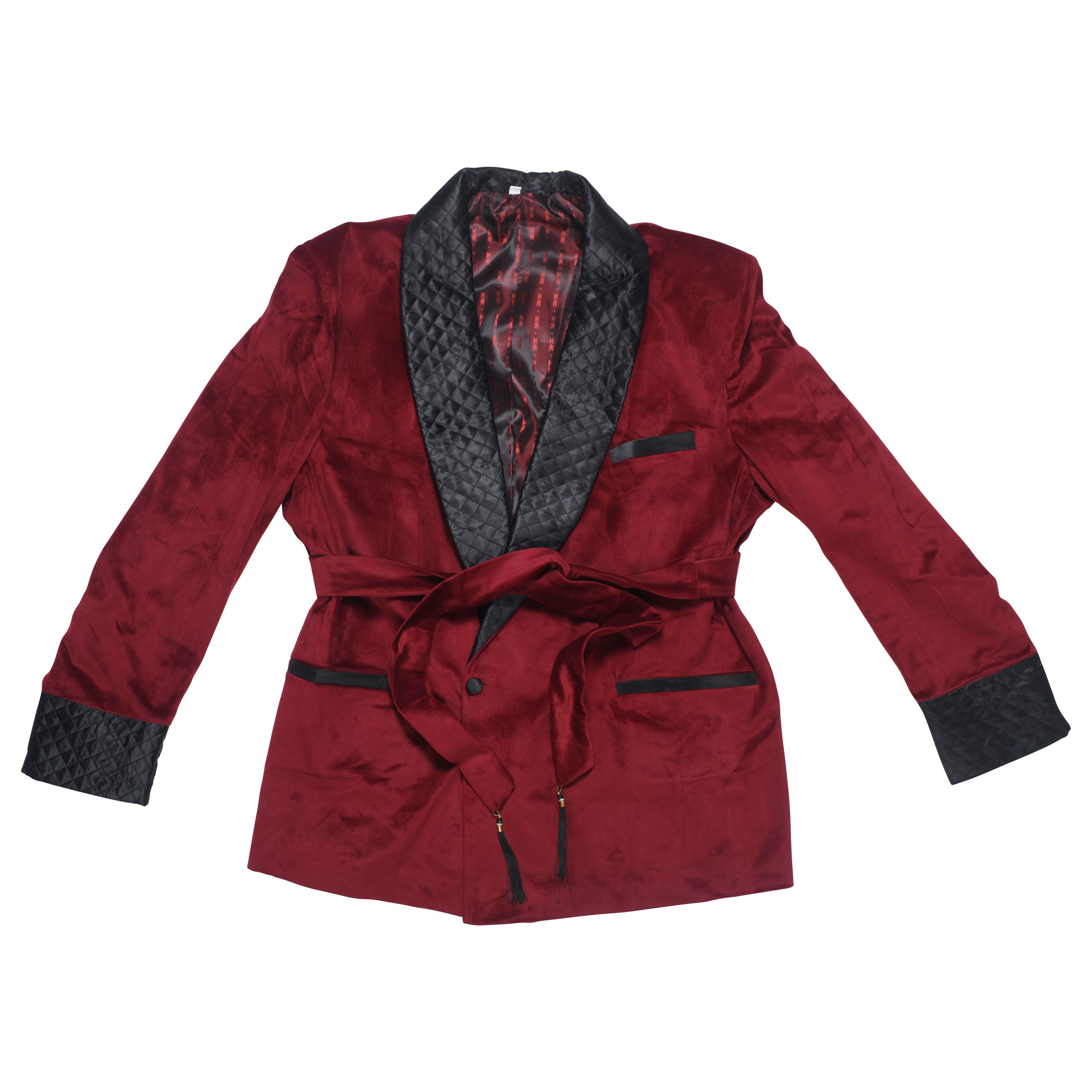 Mens Burgundy Velvet Dressing Gown and Quilted Silk Smoking Jacket Robe
