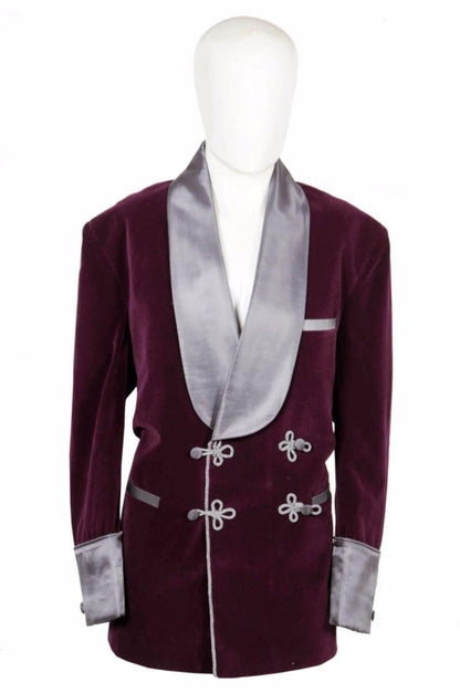 Jackets Men Burgundy Velvet Robe De chambre Evening Dinner Coat Robe - smokingjackets