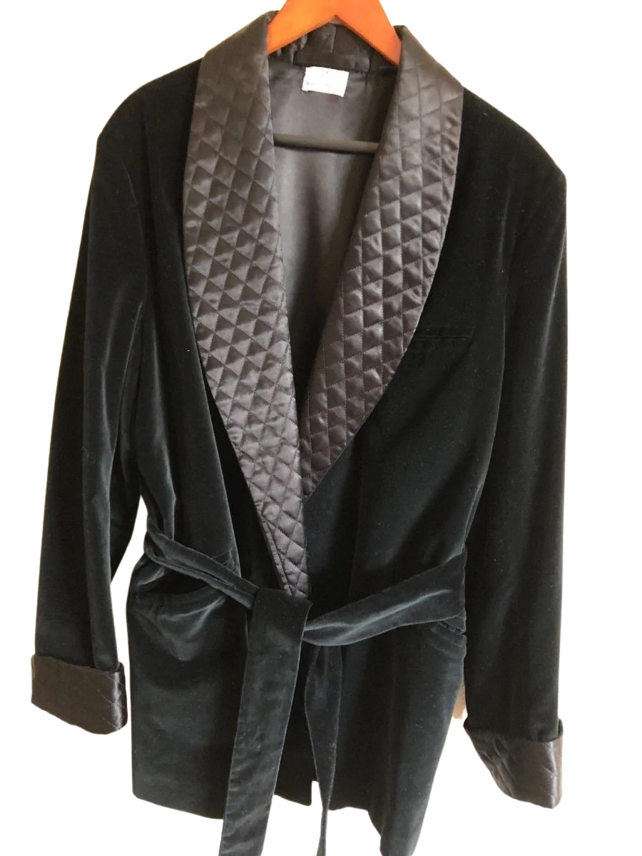 Men's Black Velvet Quilted Jacket Elegant Hosting Evening Party Wear Coat Robe