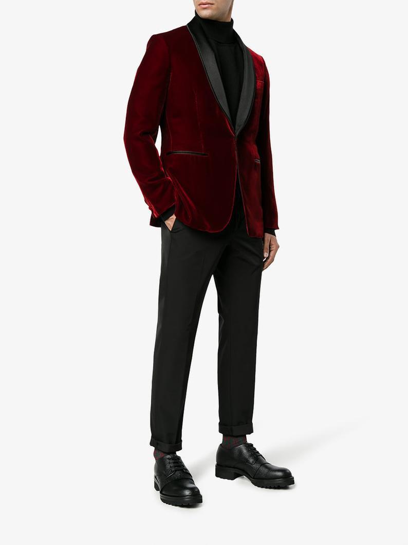 Mens Burgundy Velvet Jacket Elegant Evening Party Wear Blazers Slim Fi Smokingjackets 2543