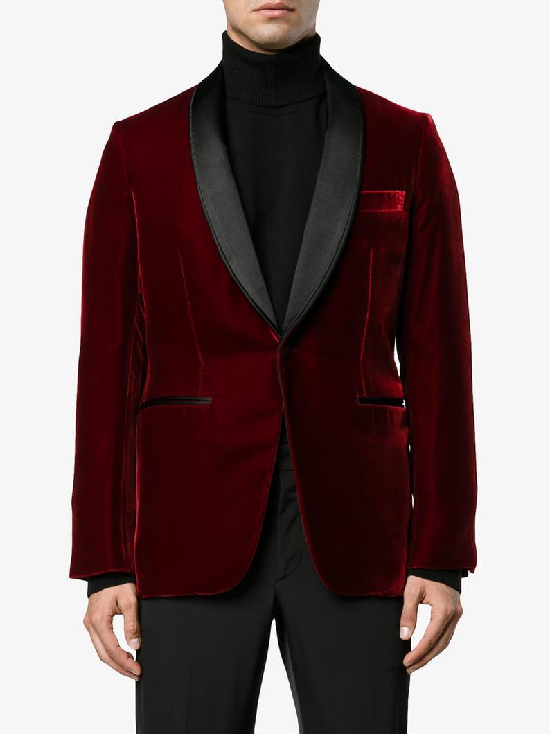 Mens Burgundy Velvet Jacket Elegant Evening Party Wear Blazers Slim Fit Jacket - smokingjackets