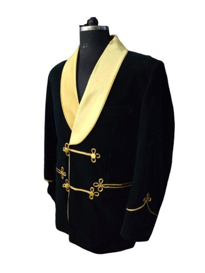 Men's Elegant Green Velvet Jacket with Gold Lapel Hosting Evening Party Wear Coat - smokingjackets