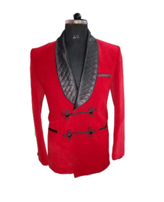 Men's Elegant Quilted Red Velvet Jacket Hosting Evening Party Wear Coat - smokingjackets