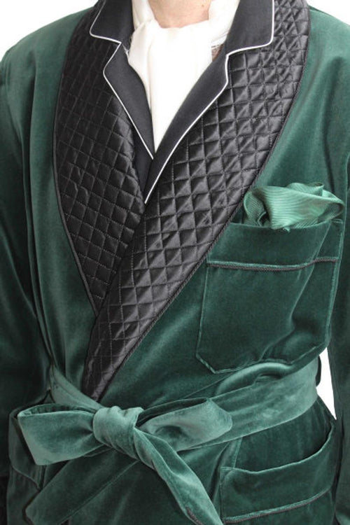 Mens Jacket Green Velvet Quilted Robe De chambre Evening Dinner Coat Robe - smokingjackets