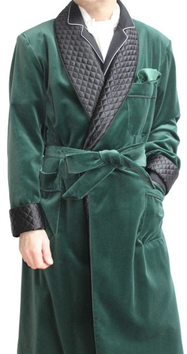 Mens Jacket Green Velvet Quilted Robe De chambre Evening Dinner Coat Robe - smokingjackets