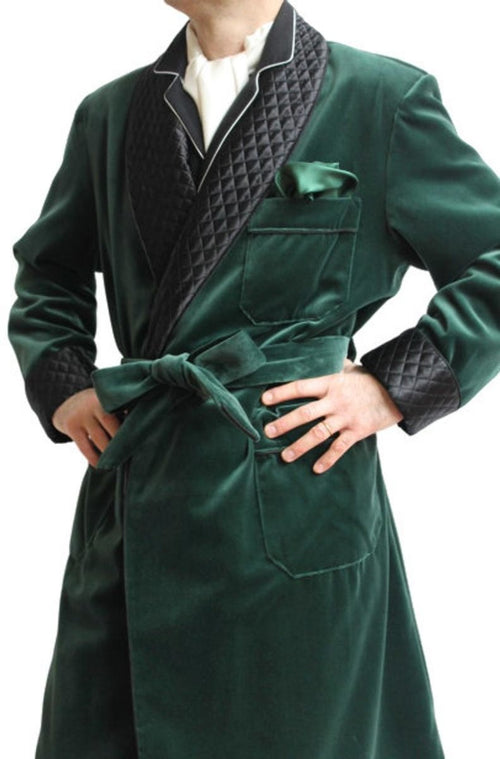 Mens Jacket Green Velvet Quilted Robe De chambre Evening Dinner Coat Robe - smokingjackets