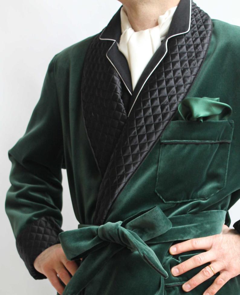 Mens Jacket Green Velvet Quilted Robe De chambre Evening Dinner Coat Robe - smokingjackets