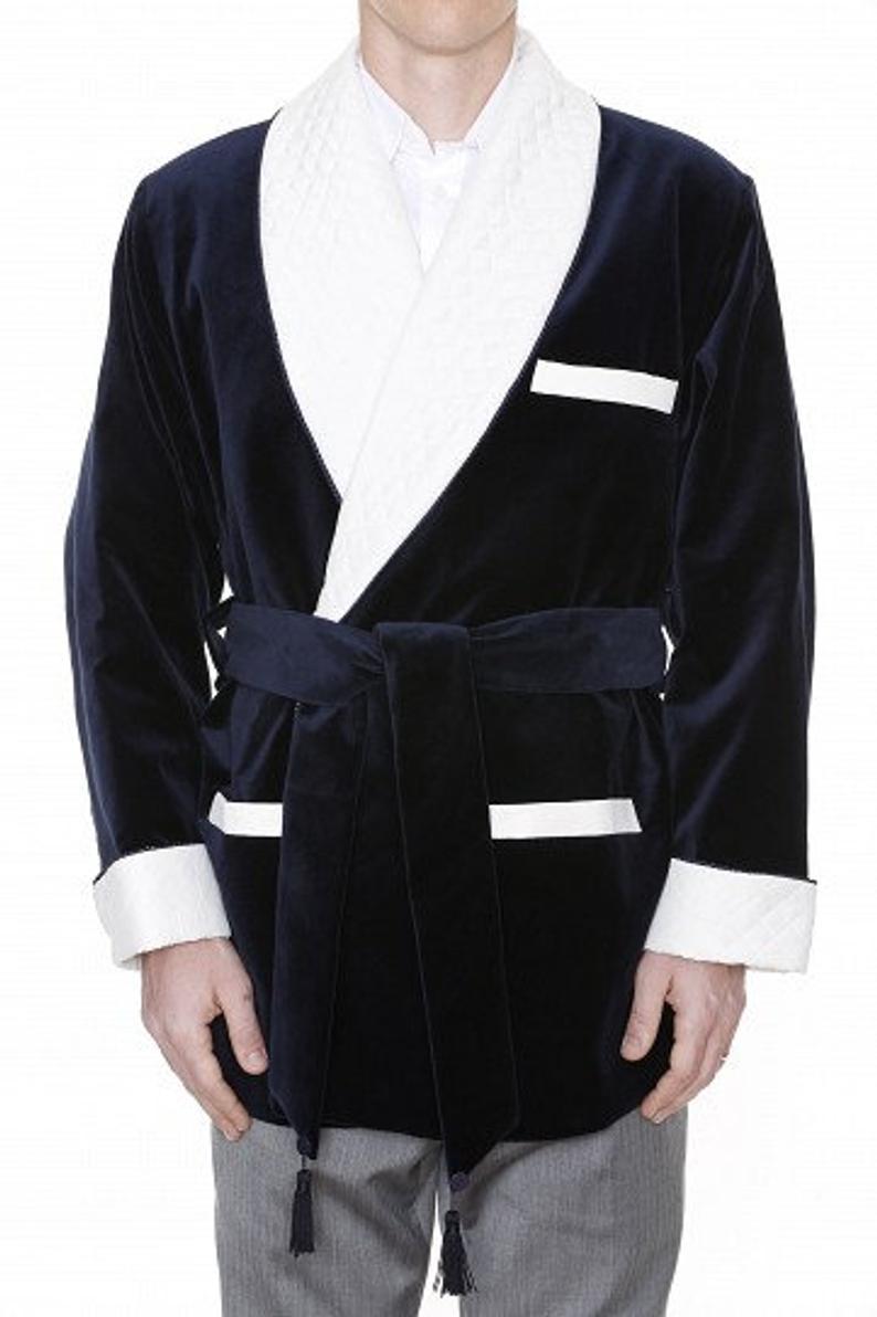 Mens Jackets Navy Velvet Quilted Robe De chambre Evening Dinner Coat Robe - smokingjackets