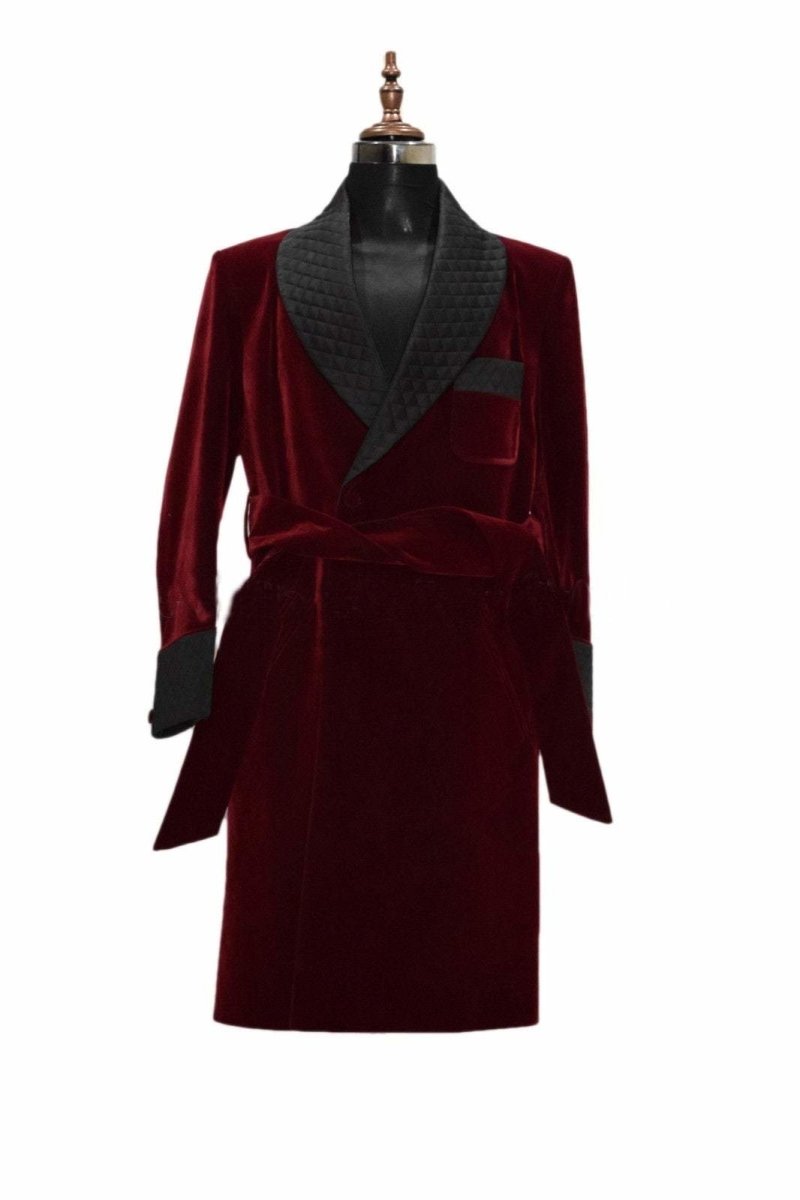 Mens Long Coat Quilted Jackets Long Robes Burgundy velvet Host Wear Coats - smokingjackets