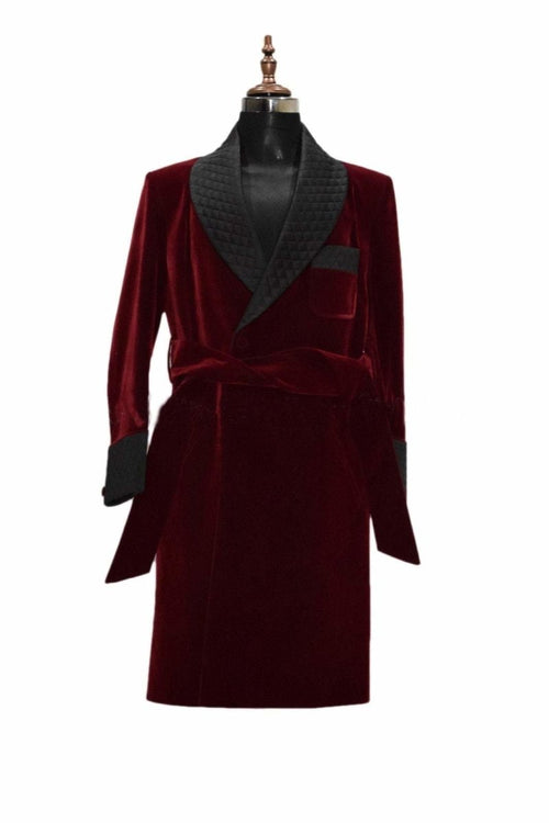 Mens Long Coat Quilted Jackets Long Robes Burgundy velvet Host Wear Coats - smokingjackets