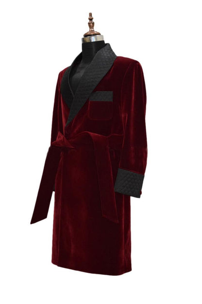 Mens Long Coat Quilted Jackets Long Robes Burgundy velvet Host Wear Coats - smokingjackets