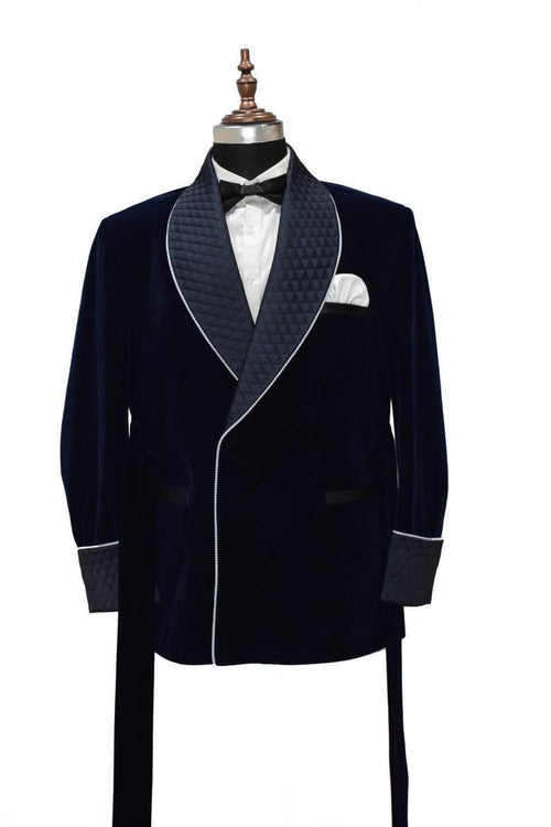 Men's Quilted Jacket Hosting Dinner Party Wear Navy Blue Velvet Jacket Blazers - smokingjackets