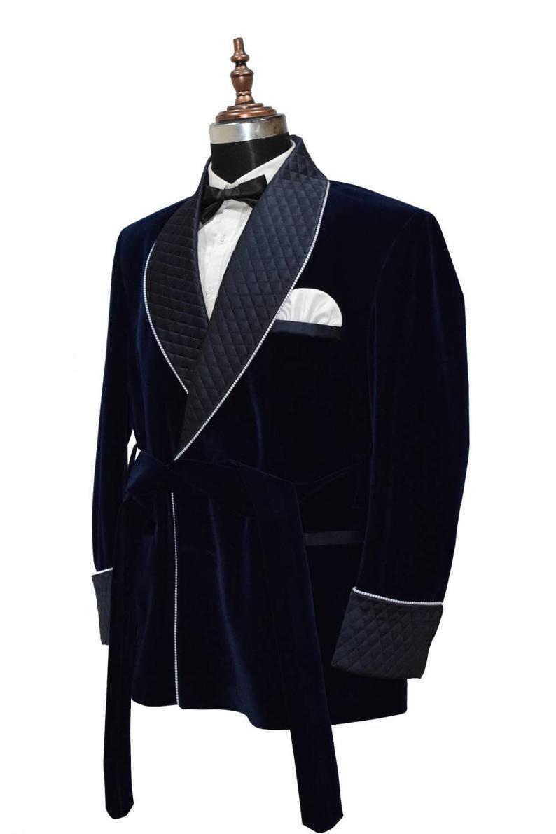 Men's Quilted Jacket Hosting Dinner Party Wear Navy Blue Velvet Jacket Blazers - smokingjackets