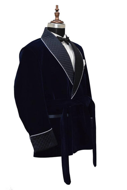 Men's Quilted Jacket Hosting Dinner Party Wear Navy Blue Velvet Jacket Blazers - smokingjackets