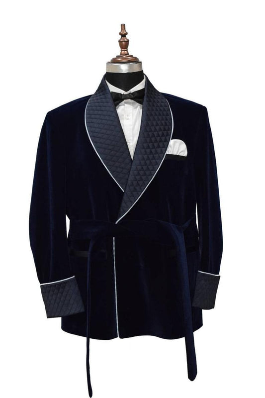 Mens Quilted Smoking Jacket Blue Robe de Chamber Dressing Gown Robe Blazer  Coat
